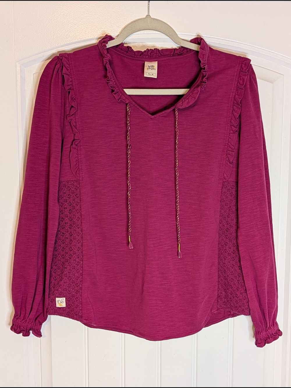 Wildflowers Dark Fuschia Long Sleeve Shirt Ruffle and Lace Details